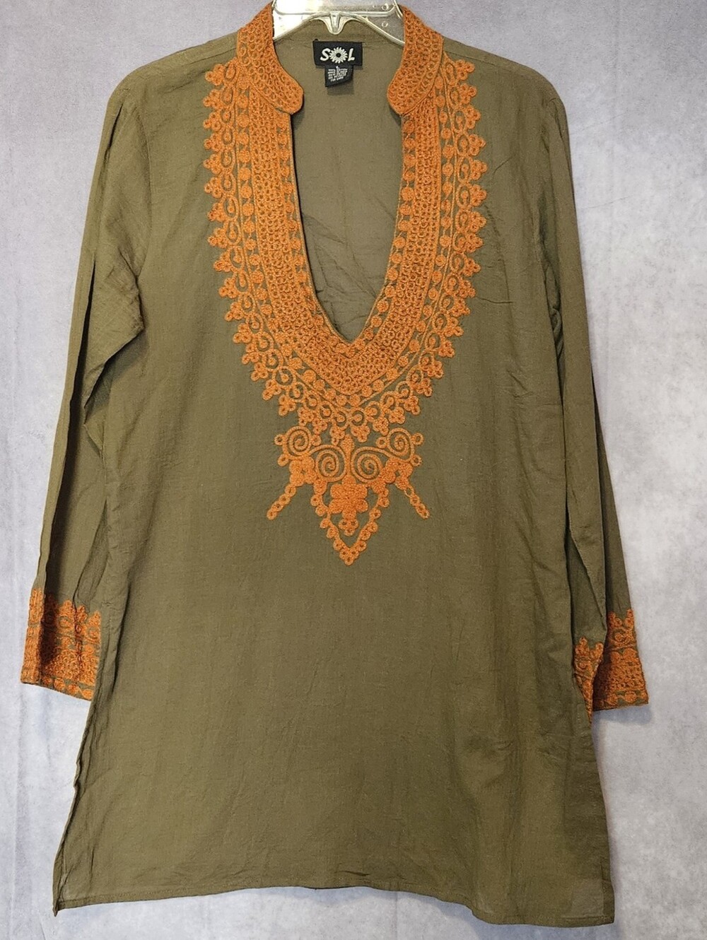 SOL Olive Green Orange Embroidered Tunic Top Large Cotton Boho